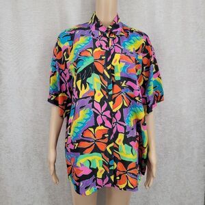 Whistles Silk Vintage Neon Colorful Tropical Floral Shirt Blouse Button Down